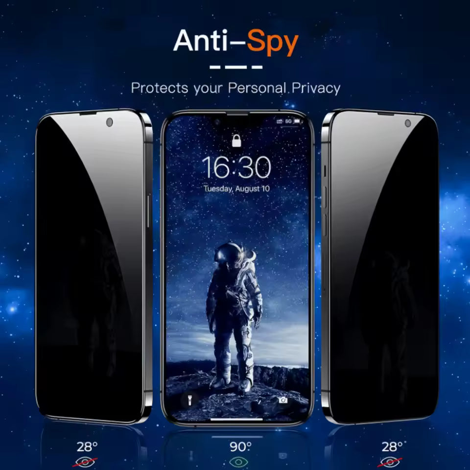 Anti-Spy Privacy Screen Protector for iPhone showing a privacy-view phone comparison