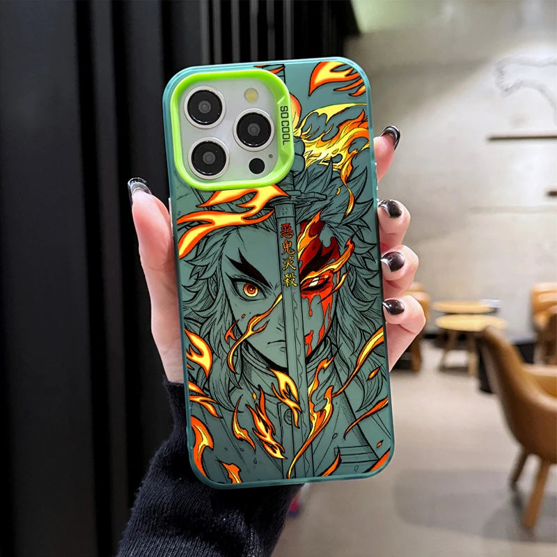 Kyojuro Rengoku Flame Portrait Case for iPhone - Forest Green iridescent finish