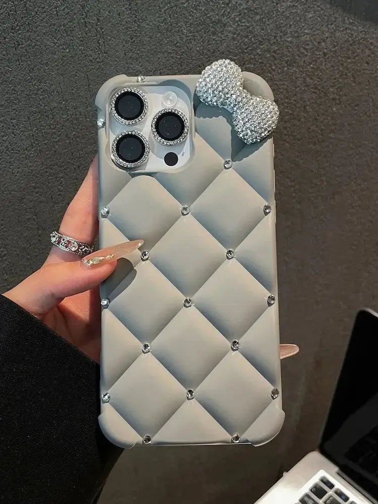 Hello Kitty Diamond Quilt Bow Case for iPhone - Gray / Silver Bow