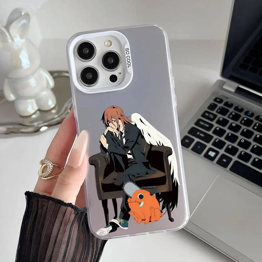 Makima Seated with Pochita Case for iPhone - Silver Gradient finish