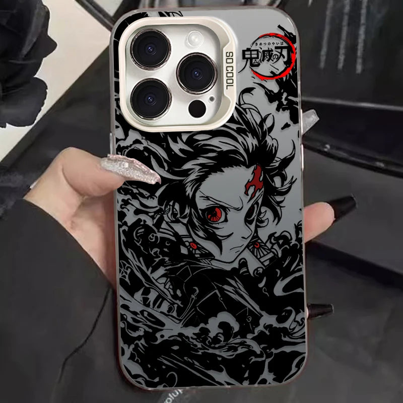 Tanjiro Water Dragon Monochrome Portrait Case for iPhone - Silver White aurora finish
