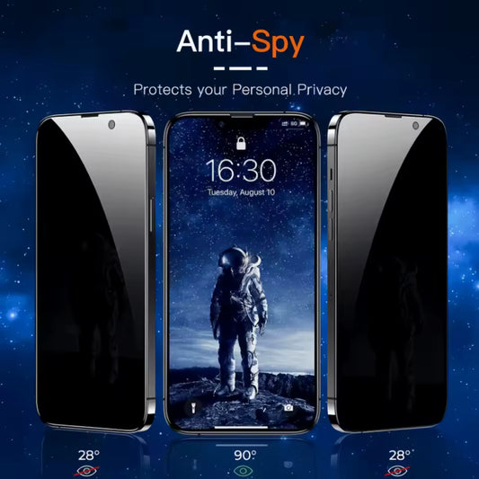 Anti-Spy Privacy Screen Protector for iPhone showing a privacy-view phone comparison