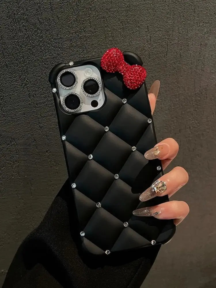 Hello Kitty Diamond Quilt Bow Case for iPhone - Black / Red Bow