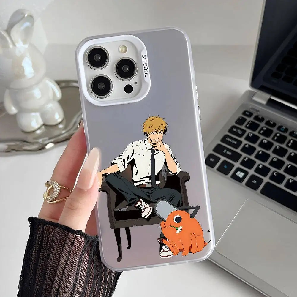 Denji Seated with Pochita Case for iPhone - Silver Gradient finish
