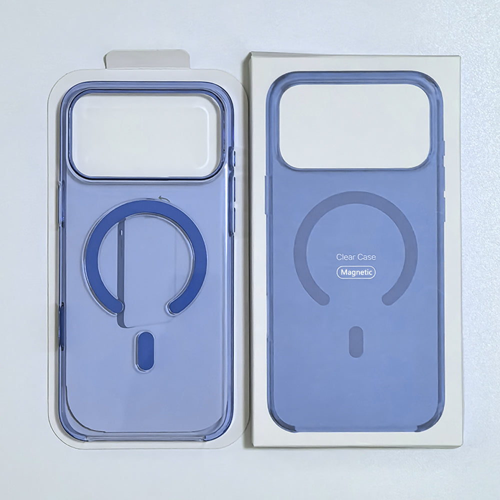 Blue clear magnetic phone case, rear view