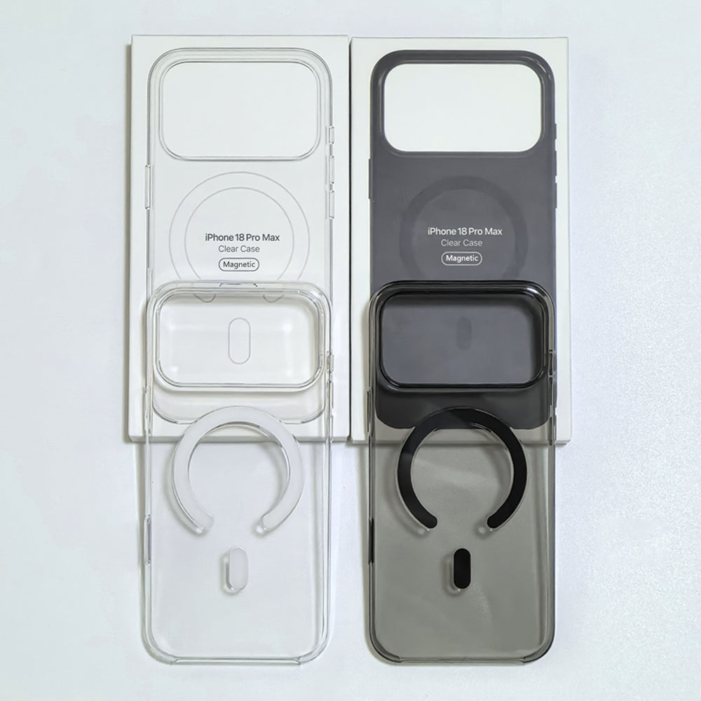 Clear magnetic phone case in transparent and black finishes